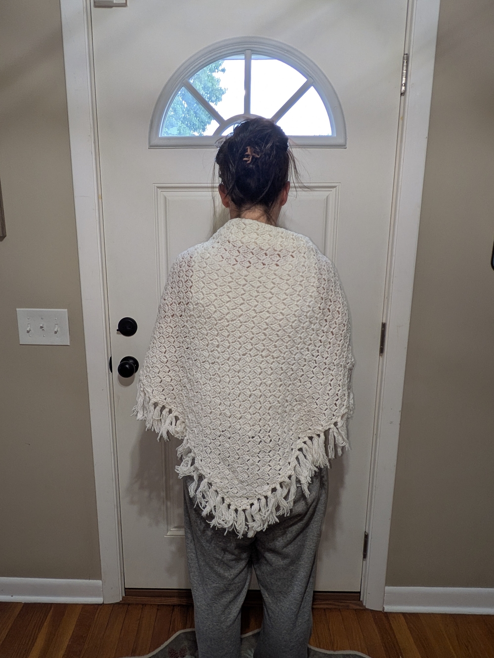 Handmade Crochet Fringe Shawl in Cream